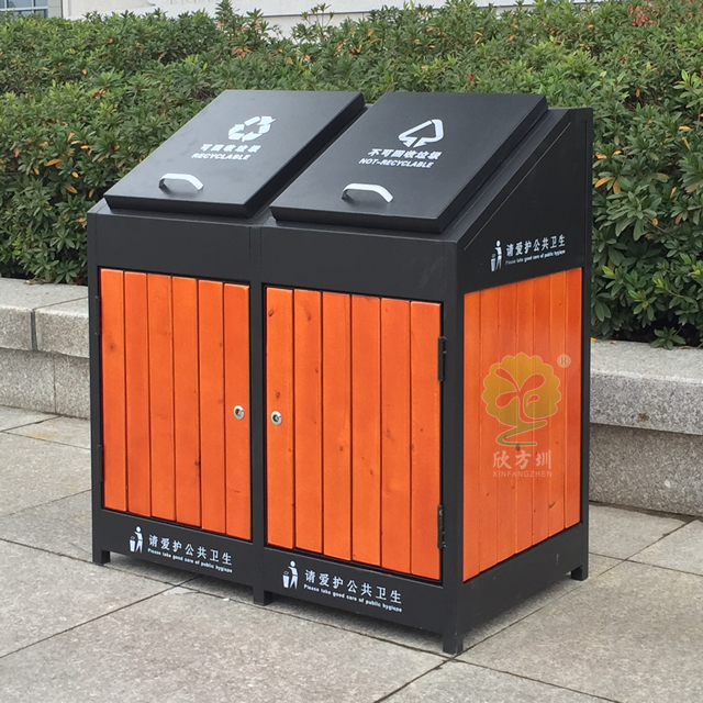 街道帶蓋分類鋼木垃圾箱