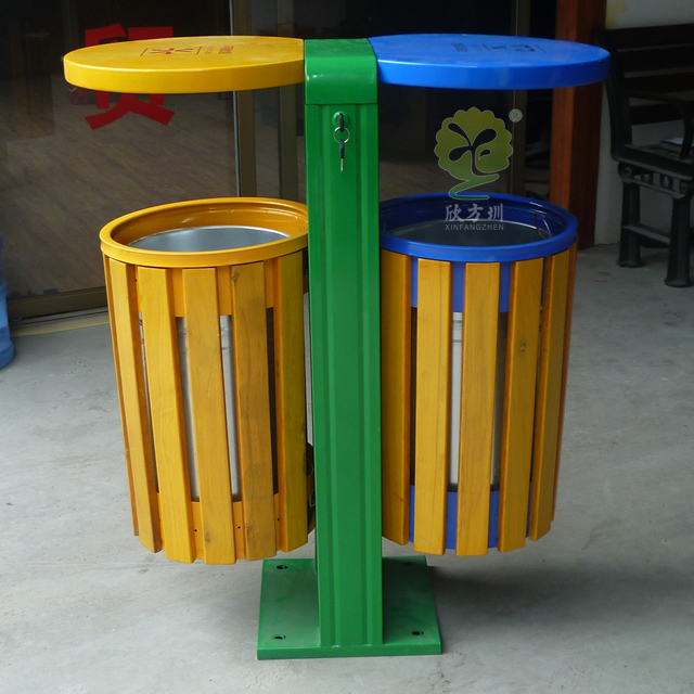 圓柱形兩分類鋼木垃圾桶